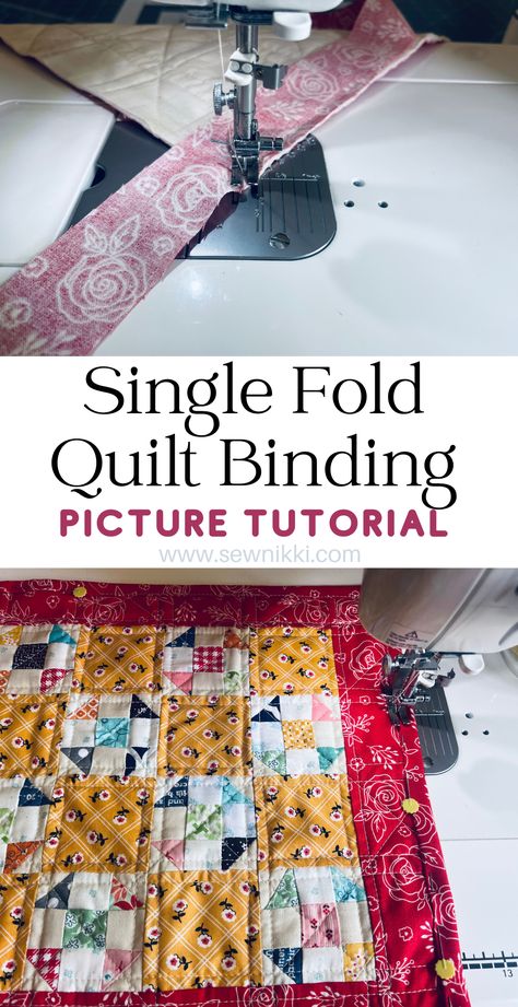 Attaching single fold binding to a quilt on sewing machine Single Fold Quilt Binding, Binding Quilts Tutorial, Binding A Quilt With Backing, Flanged Quilt Binding, How To Make Binding For A Quilt, How To Bind A Quilt Step By Step, How To Bind A Quilt, Self Binding Quilt Tutorial, Quilt Tricks