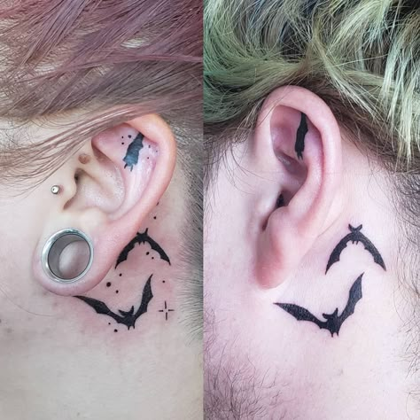 Bat Tattoo Behind Ear, Small Bat Tattoo, Gold Tattoo Ink, Rose Gold Tattoo, Inner Ear Tattoo, Tattoo Behind Ear, Bat Tattoo, Fantasy Tattoos, Gold Tattoo