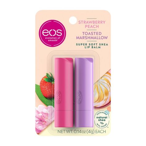 eos Super Soft Shea Lip Balm Stick - Strawberry Peach and Toasted Marshmallow , Moisuturzing Shea Butter for Chapped Lips , 0.14 oz , 2 count - Walmart.com Homemade Peach Jam, Eos Chapstick, Lip Balm Stick, Lip Balm Collection, Eos Lip Balm, Peach Jam, Organic Lip Balm, Flavored Lip Balm, Toasted Marshmallow