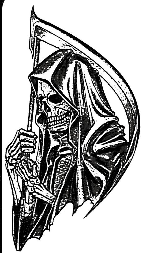 Lady Grim Reaper Drawing, Vintage Grim Reaper Illustration, Grim Reaper Side View, Traditional Grim Reaper Tattoo Flash, Rashomon Tattoo, Gream Reaper Tattoo, Trad Skull Tattoo, American Traditional Skeleton, Reaper Tattoo Designs