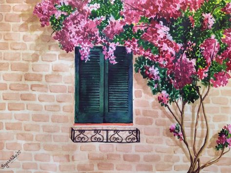 Bougainvillea Wall Art, Bogenvilla Flower Painting, Bougainvillea Mural, Bougainvillea Art, Bougainvillea Painting, Outdoor Mural, Marker Ideas, The Wallflower, Watercolor Portrait Painting