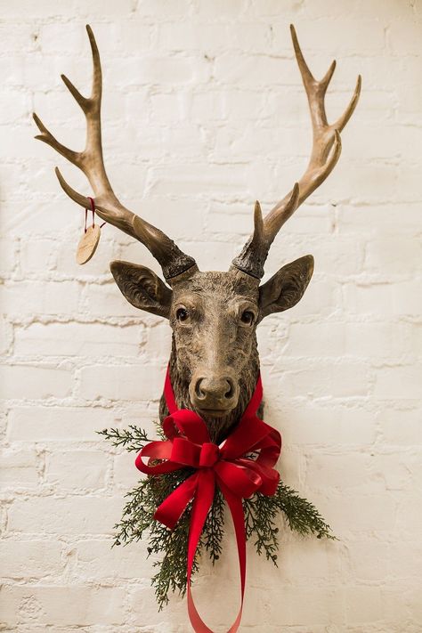 How To Decorate Deer Mounts For Christmas, Decorate Deer Mount For Christmas, Decorating Deer Mounts For Christmas, Deer Centerpiece Ideas Christmas, Deer Head Christmas Decor, Deer Head Decor Christmas, Dear Head Decor, Faux Deer Head Decor, Decorating With Deer Mounts