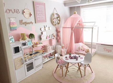 pink and grey girl's room with kitchen play area and bed canopy Toddler Bedroom Girl, Girls Playroom, Toddler Girl Room, Childrens Playroom, The Hound, Toddler Rooms, Toddler Bedrooms, Girl Bedroom Decor, Big Girl Rooms