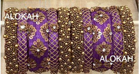 Thread Bangle Designs Bridal, Aari Bangle Design, Aari Work Bangles Designs, Aari Work Bangles, 3d Bangles, Rawsilk Bangles, Embroidered Bangles, Aari Bangles, Silk Thread Earrings Designs