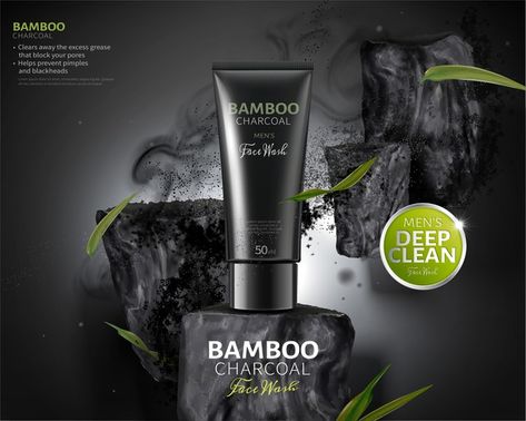 Bamboo charcoal face wash ads with carbo... | Premium Vector #Freepik #vector Face Wash Ads, Photoshop Poster Design, Aesthetic Tumblr Backgrounds, Charcoal Face Wash, Mens Face Wash, Charcoal Toothpaste, Tea Packaging Design, Photoshop Poster, Luxury Packaging Design