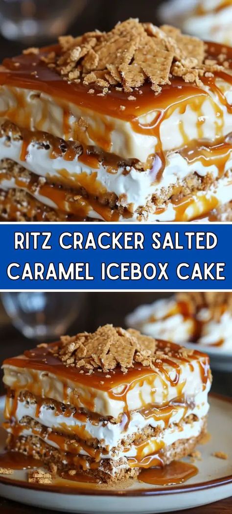 Ritz Cracker Salted Caramel Icebox Cake Ritz Cracker Caramel Icebox Cake, Salted Caramel Ritz Crackers, Caramel Ritz Crackers Dessert, Caramel Ritz Crackers, Ritz Cracker Salted Caramel Icebox Cake, Ritz Cracker Recipes Dessert, Ritz Torte, Caramel Icebox Cake, Ritz Cracker Dessert