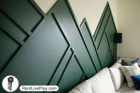 We designed and built this custom mountain art accent wall at Bellflower House. #accentwall #mountainart #airbnb #vrbo #decor #furnishedfinder #vacationrental Geometric Wall Bedroom, Mountain Accent Wall, Art Accent Wall, Mountain Bedroom, Airbnb Property, Feature Wall Bedroom, Lone Pine, Airbnb Design, Geometric Mountain