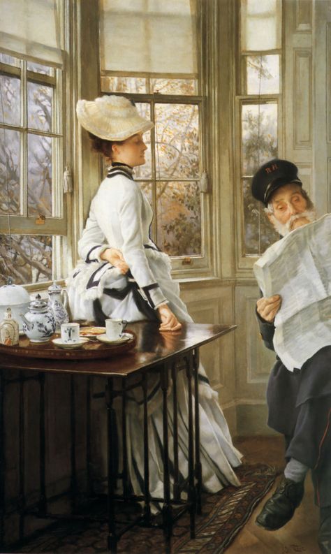 Reading the News (c. 1874), by James Tissot.  Oil on canvas, 34 by 20.5 in (86.4 by 52 cm).  Private Collection.  (Photo:  Wikimedia.org) James Tissot, Art Geek, Reading Art, Pierre Auguste Renoir, Oil Painting Reproductions, Victorian Art, Handmade Oil, Painting Reproductions, Gustav Klimt