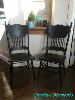 Another set of Coal Black Press Back Chairs Oak Pressed Back Chairs Makeover, Pressed Back Chairs Makeover, Press Back Chair Makeover, Painted Pressed Back Chairs, Farmhouse Chairs Diy, Paint Chairs Black, Black Chalk Painted Furniture, Press Back Chairs, White Table Black Chairs