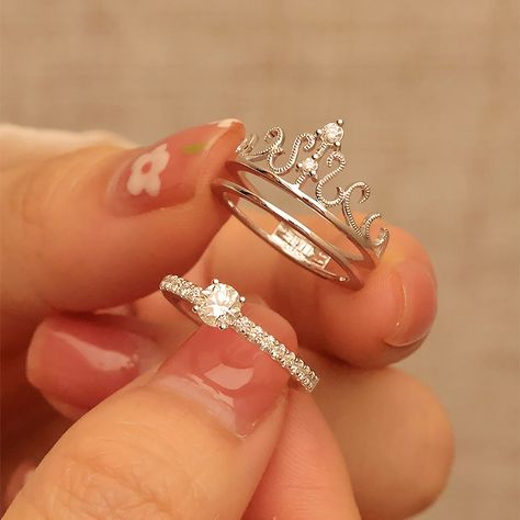 Princess Crown Ring, Crown Wedding Ring, Cute Promise Rings, Hand Jewelry Rings, Crown Ring Princess, Enhancer Ring, Moissanite Wedding Ring Set, Cute Engagement Rings, Couples Ring Set