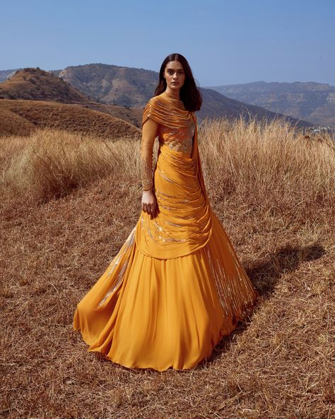 Ejaaz Couture, Dotti Dresses, Bride And Son, Summer Couture, Golden Lehenga, Sunset Spring, Western Gown, Sunset Yellow, Gaurav Gupta