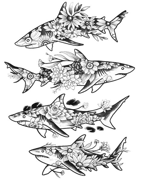 Epic Shark Tattoo Ideas 🦈 See some fresh new flash and some already tattooed examples, awesome on their own or as a park of an ocean scene 💖 aaaand versatile as far as placement goes 👍 #sharktattoo #sharktattoos #tattooflashart #tattooideas #illustrationtattoo Shark Tattoo Floral, Shark Tattoo Thigh, Shark Tattoo Women, Shark Tattoo Cute, Floral Shark Tattoo, Tattoo Ideas Shark, Tiger Shark Tattoo, Great White Shark Tattoo, Shark Tattoo Ideas