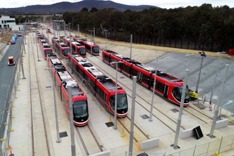 Eight of Canberra's light rail vehicles in the Mitchell stabling yard. Light Rail Vehicle, Pop Top, Urban Architecture, Light Rail, Urban Life, Top News, Built Environment, Canberra, City Streets