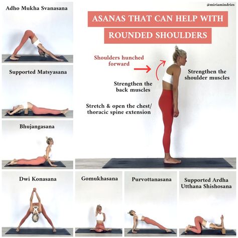 Yoga poses for rounded shoulders Yin Yoga Shoulder Openers, Yoga Poses For Rounded Shoulders, Open Chest Yoga, Chest Opening Yoga Poses, Yoga Rounded Shoulders, Chest Openers Yoga, Yoga Thoracic Spine, Yoga Poses For Shoulders, Stretches To Open Up Chest