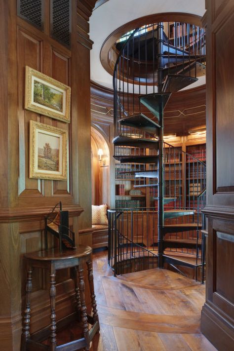 The spiral staircase is the real showstopper in this library by Island Architects. Open Staircase Ideas, Home Library Design Ideas, Spiral Stairs Design, Home Library Rooms, Spiral Stair, Astronomical Observatory, Open Staircase, Library Room, Stair Case