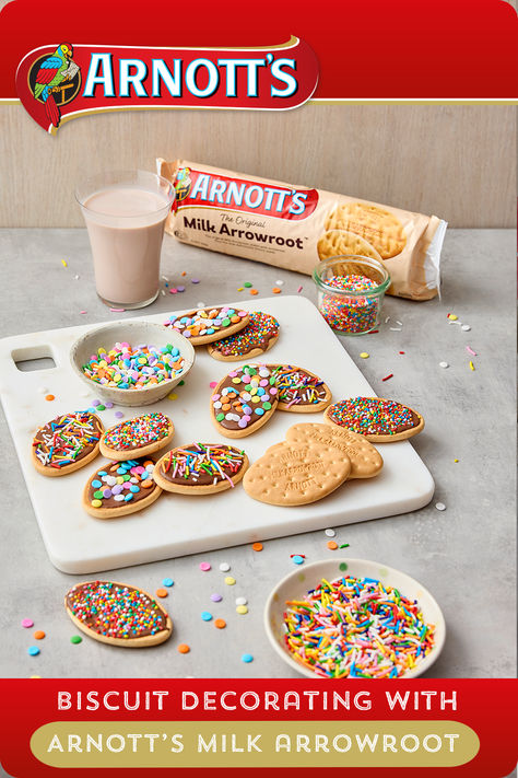 Keep the kids entertained with easy biscuit decorating! All you need is Arnott's Milk Arrowroot biscuits, melted chocolate and loads of sprinkles 😋🍪 Kirby Party, Arnotts Biscuits, Arrowroot Biscuits, Biscuit Decorating, Kid Cooking, Plants Vs Zombies Birthday Party, Sweet Biscuits, Easy Biscuit, Underwater Party