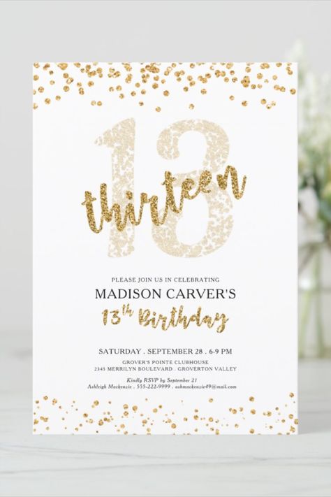 Modern Gold Glitter Confetti 13th Birthday Invitation Faux gold glitter design with modern handwritten brush script typography for a 13 year old's birthday party and a gold sparkle confetti border #birthday #happybirthday #birthdaycards #birthdayparty #13thbirthday #elegant #minimalist Gold Birthday Invitations, 13th Birthday Party Invitations, 13th Birthday Invitations Girl, 13tg Birthday Invitations, Gold Invitations Birthday, White And Gold Birthday Invitations, Thirteen Birthday Invitations, Invitation Design Birthday, Sparkle Birthday Invitations