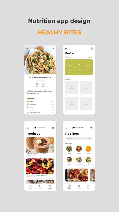 Nutrition app | mobile design | healthy bites app | redesign App Mobile Design, App Redesign, Nutrition App, Chocolate Banana Smoothie, Ui Design Mobile, Healthy Bites, Vegan Pasta, App Ui Design, Banana Smoothie