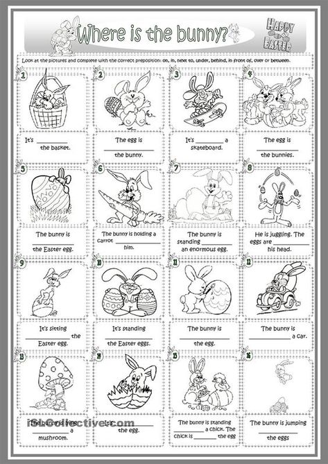 Where is the bunny? For this worksheet, students have to find the correct preposition: over, between, behind, on, in, under, in front of, or next to. Ingles Kids, Preposition Worksheets, Easter Worksheets, Esl Classroom, Esl Activities, English Resources, English Activities, Esl Teaching, Speech Language Therapy