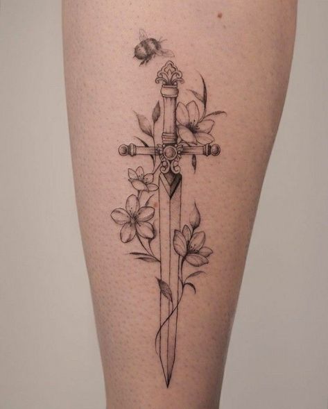 Dark Feminine Tattoo Aesthetic, Dagar Tattoo, Sward Flower Tattoo, Acotar Dagger Tattoo, Dagger With Vines Tattoo, Knife With Rose Tattoo, Dagger Sternum Tattoo Women, Fine Line Dagger Tattoo, Thigh Dagger Tattoo