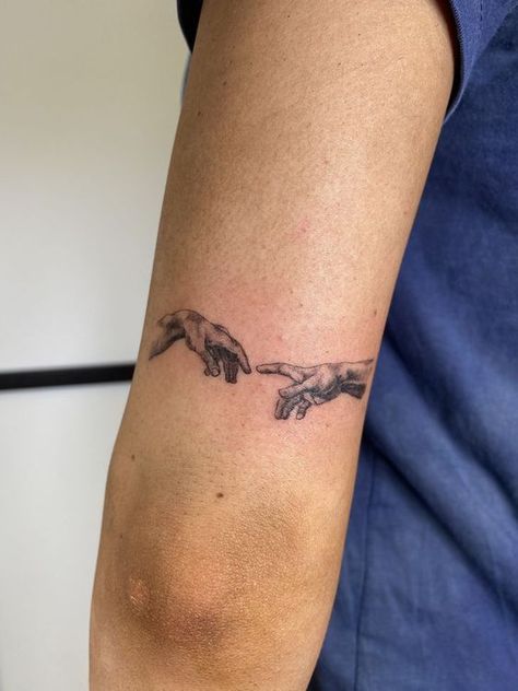 Creation of Adam Tattoo. The Creation Of Adam Tattoo, Michelangelo Tattoo, Creation Of Adam Tattoo, Adam Tattoo, Italian Tattoos, Thigh Tat, Word Tattoo, The Creation Of Adam, Small Tattoo Ideas