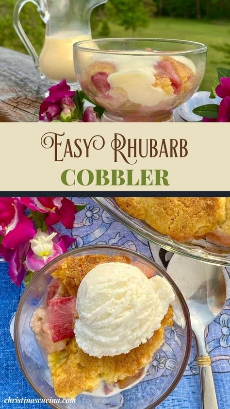 Easy rhubarb cobbler is not only a simple recipe to make, but it's scrumptious, when served with vanilla ice cream, custard, or whipped cream. Rhubarb Cobbler Easy, Rubarbe Cobbler, Easy Rhubarb Desserts, Rhubarb Cobbler Recipes, Ice Cream Custard, Rhubarb Desserts Recipes, Rhubarb Jelly, Rhubarb Cobbler, Cobbler Recipes Easy