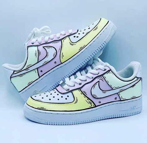 Paint Sneakers Ideas, Nike Shoe Painting Ideas, Shoe Design Ideas Diy, Custom White Shoes, Nike Shoes Aesthetic, Yellow Lilac, Custom Sneakers Diy, Painted Nikes, Cute Nike