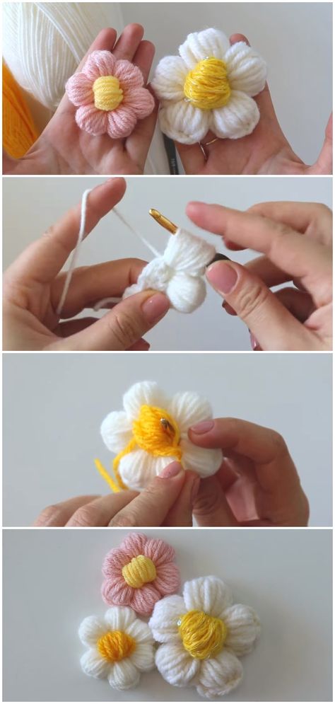 Crochet Daisy Flower And Scarf Puff Stitch - ilove-crochet Crochet Headband Tutorial, Puff Stitch Crochet, Crochet Flower Headbands, Crochet Puff Flower, Crochet Free Patterns, Yarn Flowers, Crochet Bag Pattern Free, Crochet Daisy, Crochet Booties