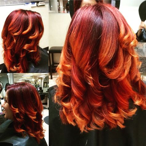 Sunset flame ombré color Hair Color Black Women, Sunrise Hair, Fire Ombre Hair, Orange Ombre Hair, Burnt Orange Hair, Witchy Hair, Red Hair With Blonde Highlights, Health Hair, Colourful Hair