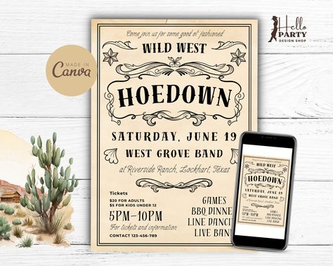 Wild West Hoedown Flyer -Country Party Invitation -Rustic Editable Digital Invite -Cowboy Barn Dance -Printable Antique Frame Live Music HF5 Western Birthday Party Invitations, Wild West Invitation, Country Party Invitations, Cowboy Party Invitations, Hello Party, Country Party, Barn Dance, Graphic Design Tools, Antique Frames