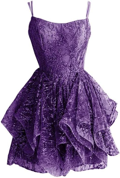 Dresses Ruffles, Prom Dress Short Lace, Homecoming Dresses For Teens, Purple Homecoming Dress, Ruffle Prom Dress, Short Homecoming Dresses, Dress Spaghetti Straps, Spaghetti Strap Prom Dress, Lace Prom Dress