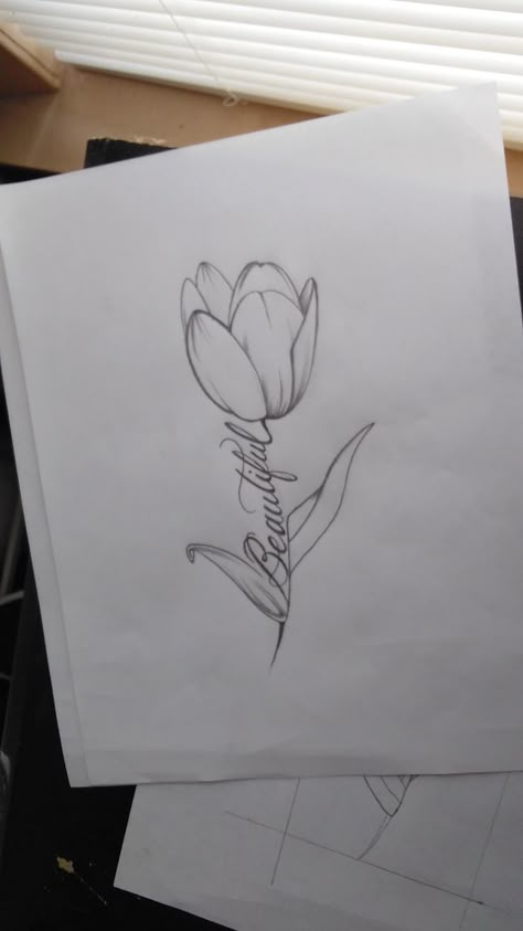 Tulip Tattoo With Words, Big Tulip Tattoo, Tulip Name Tattoo, Tattoo Words Design, Tulip Tattoos, Forearm Name Tattoos, Grandma Tattoos, Violet Tattoo, Butterfly With Flowers Tattoo