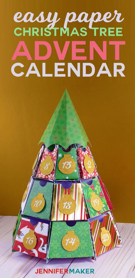 DIY Easy Paper Advent Calendar | Christmas Tree Papercraft | Free Cricut SVG Files | 25 Days of Christmas | #christmascrafts Advent Calendar Template, Tree Advent Calendar, Homemade Advent Calendars, Jennifer Maker, Christmas Tree Advent Calendar, Christmas Advent Calendar Diy, Cricut Christmas Ideas, Presents Ideas, Calendar Christmas