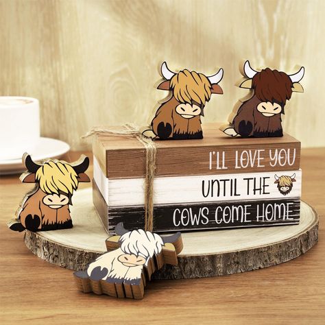 PRICES MAY VARY. Package Including - You will receive 7pcs tiered tray decor, enough to meet your needs and replacements, and you can also share some with your family. Rustic Design - Shaped in book and highland cow, printed with the words of I’LL LOVE YOU UNTIL THE COWS COME HOME, delicate and vintage, easily creating a good visual effect for your party and leaving a deep impression on your family and friends. Rustic Design - Shaped in book and highland cow, printed with the words of I’LL LOVE Cow Theme Party Decoration, Highland Cow Centerpiece Ideas, Cow Baby Shower Centerpieces, Dollar Tree Highland Cow, Highland Cow Crafts, Western Decorations, Highland Cow Decor, Wood Cow Crafts, Wooden Cows Crafts