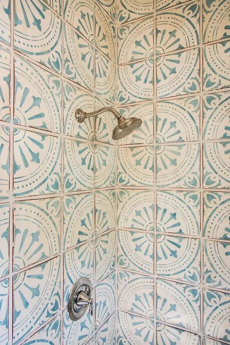 CABANA IN THE FOOTHILLS by Kelly Ferm | 1stDibs Patterned Tile Small Bathroom, Bf Mood, Bus Bathroom, Artisan Stone Tile, Spanish Bathroom, Vintage Tegel, Mediterranean Bathroom, Tile Options, Mediterranean Tile