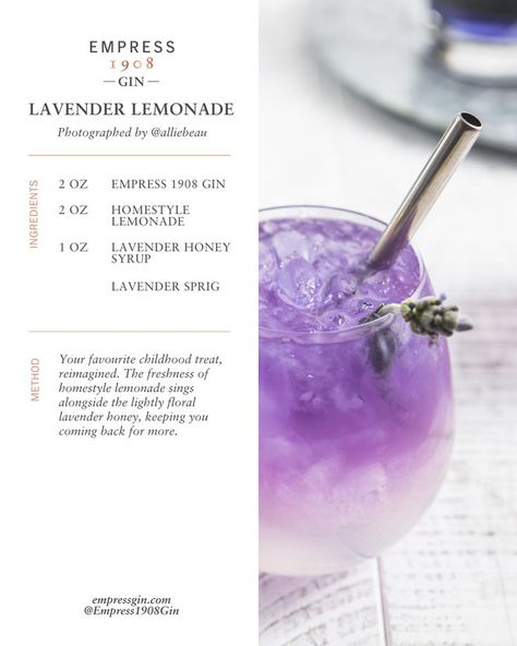 Empress 1908 Gin, Pretty Alcoholic Drinks, Lavender Lemonade, Lavender Honey, Boozy Drinks, Honey Syrup, Fancy Drinks, Mixed Drinks Recipes, Cocktail Drinks Recipes