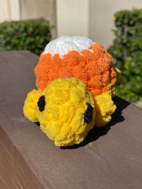 Super cute crocheted turtle plush with a candy corn themed shell Crocheted Turtle, Turtle Plush, Crochet Cow, Crochet Stuff, Candy Corn, Pet Toys, Corn, Cow, Amigurumi