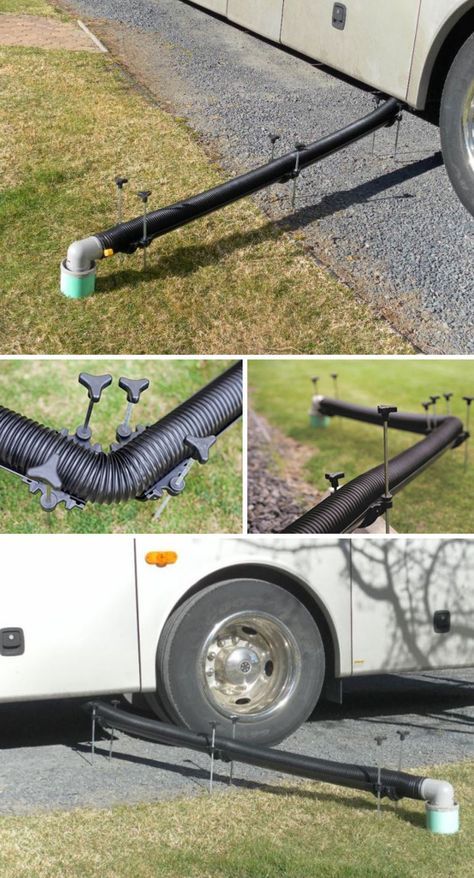 The Flow Down RV sewer hose support system takes some of the "yuck" out of managing your RV's black-water tank. The Flow Down supports your waste hose through a series of 30" half-pipe sections, and the support legs can accommodate a wide range of terrains, slopes, and angles. Airstream Organization, Rv Remodeling, Rv Campsite, Fifth Wheel Trailers, Rv Maintenance, Rv Water, Trailer Living, Rv Trailer, Rv Storage