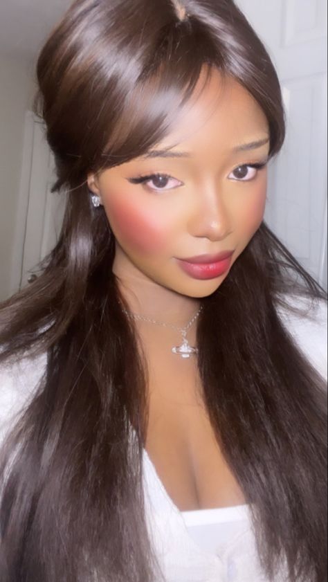 #blackhairstyles #ulzzangstyle #makeup #softgirl #softaesthetic #fashion #blackgirl #pretty Doll Makeup Dark Skin, Douyin Makeup On Black Women, Ulzzang Makeup Dark Skin, Aegyo Sal Black Women, Korean Makeup On Dark Skin, Coquette Makeup Black Women, Korean Makeup Black Women, Flirtatious Cute Makeup, Douyin Makeup Black Women