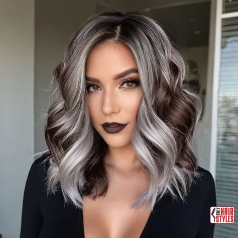 Ash Purple Balayage Gray Hair, Gray Root Balayage, Hair Color Ideas With Grey, Reverse Ombre Grey Hair, Grey To Blonde Balayage, Brunette Balayage Grey Blending, Short Dark Hair With Platinum Highlights, Dark Brown With Grey Balayage, Grey Bayalage Hair Short