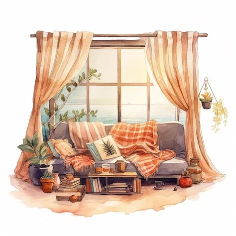 Watercolor illustration of a cozy living room with a large window and a sofa Living Room Illustration, Christmas Graphic Design, Painting Sunset, Beach Illustration, Large Window, Background Design Vector, Barbie Doll House, Beautiful Wallpapers Backgrounds, Reading Corner