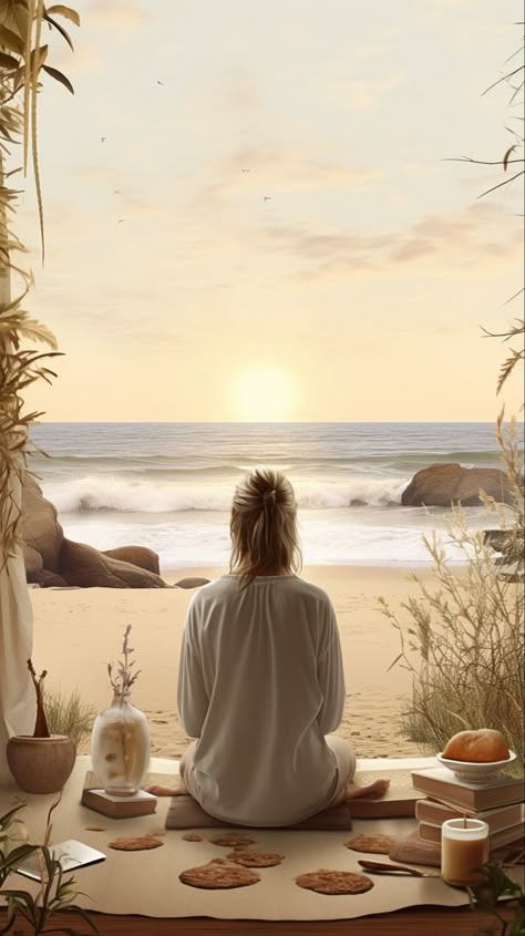 Woman meditating on a beach. Beige tones. Neutral tones. Yoga Neutral Aesthetic, Peaceful Woman Aesthetic, Women Meditating, Sunrise Meditation, Beach Meditation, Woman Meditating, Photo Yoga, Shopping List Clothes, Board Pictures