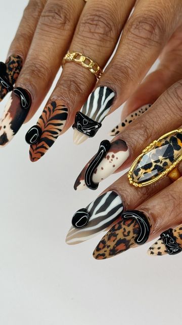 Safari Nail Ideas, Nail Artist Branding, Trendy Nail Designs 2024, Intricate Nail Art, Animal Nail Art Designs, Tiger Print Nails, Fall Cheetah Nails, Mixed Animal Print Nails, Nail Art Tiger Print