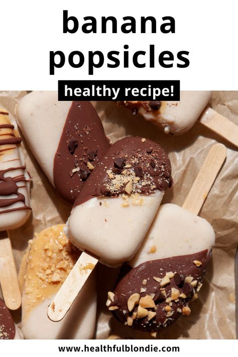 These easy and healthy 6 ingredient banana popsicles are naturally sweetened with maple syrup and dipped in either a peanut butter or chocolate magic shell. The perfect frozen, refreshing Summer dessert. Banana Popsicle Recipes, Frozen Banana Pops, Banana Popsicles, Yogurt Banana, Popsicles Recipe, Banana Pops, Magic Shell, Yogurt Popsicles, Gluten Free Sugar Cookies