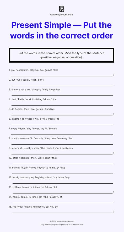 Present Simple Key Words, Put The Sentences In Order, Sentence Order Worksheets, Simple Present Tense Negative Worksheets, English Tenses Worksheets, Present Tense Worksheets With Answers, Simple Present Tense Questions, Present Simple Negative Worksheets, Unscramble Sentences Worksheets