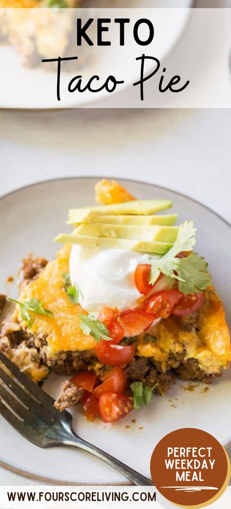 A slice of taco pie that has ground beef on the bottom and melted cheese on the top topped with sour cream, sliced avocado, tomatoes, and cilantro on a white plate with a silver fork sitting next to it. Taco Pie Keto, Mexican Food Night, Keto Taco Pie, Taco Pie Recipes, Best Mexican Food, Taco Pie, Low Carb Tacos, Best Mexican Recipes, Keto Taco