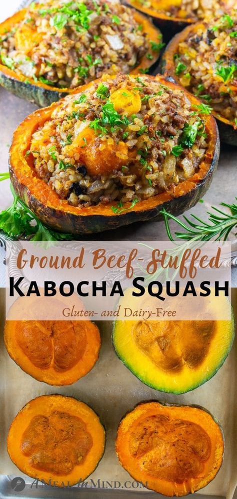 This ground beef-stuffed kabocha squash is a fun shelter-at-home comfort-food recipe. It's a tasty way to dress up ground beef, even for Mother's Day! | A Meal In Mind @amealinmind #amealinmind #stuffedsquash #stuffedkabocha #groundbeef #groundbeefsquash #easyrecipe Squash Dinner Recipes, Chicken And Dumpling Recipes, Beef Recipes Easy Quick, Easy Dinner Ground Beef, Stuffed Veggies, Squash Dinner, Kabocha Squash Recipe, Beef Recipes Easy Dinners, Stuffed Pumpkin