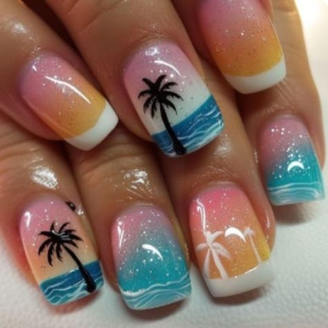 What’s up BEACHES? | #whatsupbeaches What do you think about this Palm Tree 🌴 Nail Art | Facebook Palm Tree Christmas Nails, Carribean Cruise Nail Ideas, Coconut Tree Nail Art, Palm Tree Nails Design, Rockabilly Nails, Palm Tree Nail Art, Vacation Nails Beach, Tropical Nail Designs, Ocean Nails