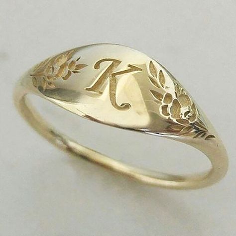 " Exquisite Women's 14k Yellow Gold Floral Flower Rings Unique Design Engraved with The Letter ""K""Engagement Wedding Band Rings Anniversary Birthday Party Gift Rings Women's Luxury Jewelry Size 5-1" | Wish Gold Engagement Party, Gold Initial Ring, Unique Monogram, Ancient Armor, Ring Flower, Letter Ring, Monogram Ring, Signet Rings, Floral Hoops