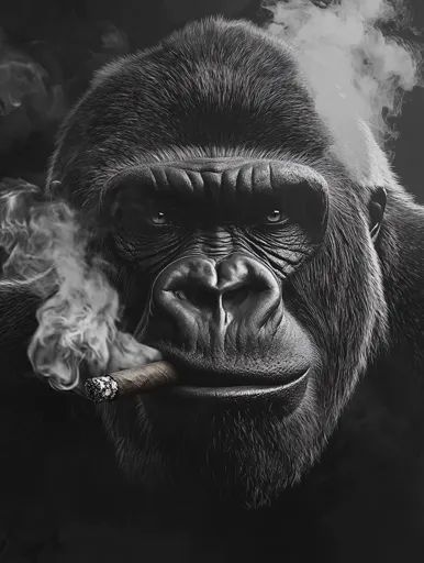 ↑↑↑ Larger size on website 🔸 A close-up of a gorilla's face, rendered in black and white. The gorilla is smoking a cigar, with sm Gorilla Face, Cigars, Art Images, Close Up, Black And White, White, Quick Saves, Black